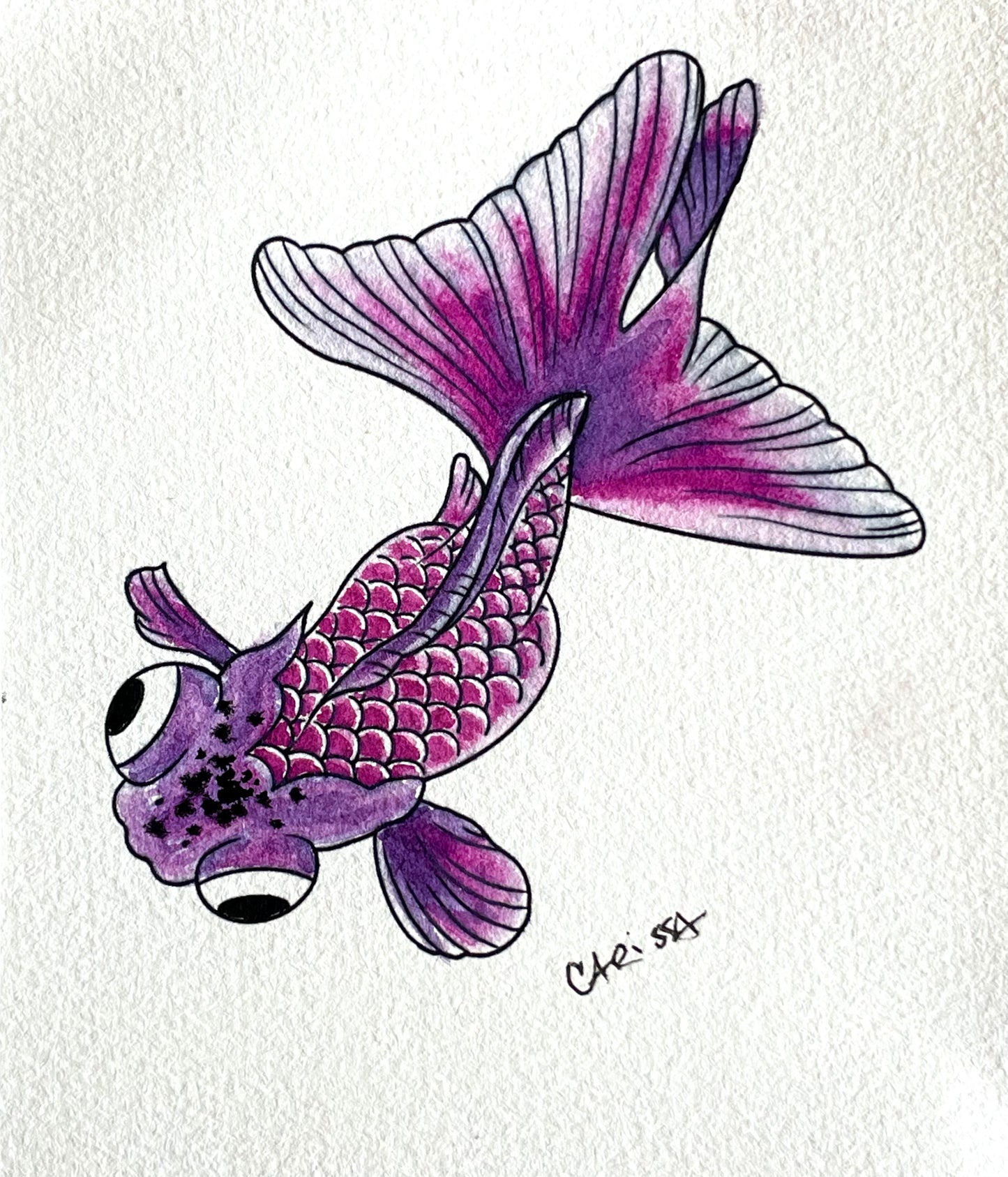 Fishy Fish - Magenta, 4.5 x 5.25 Mixed Media Painting on Watercolor Paper