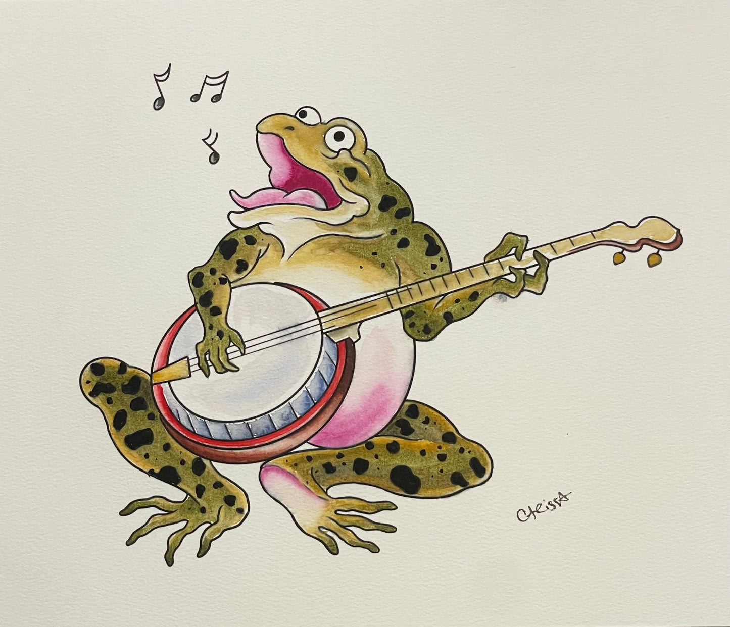 Kaeru and the Banjo - Mixed Media Painting on Watercolor Paper