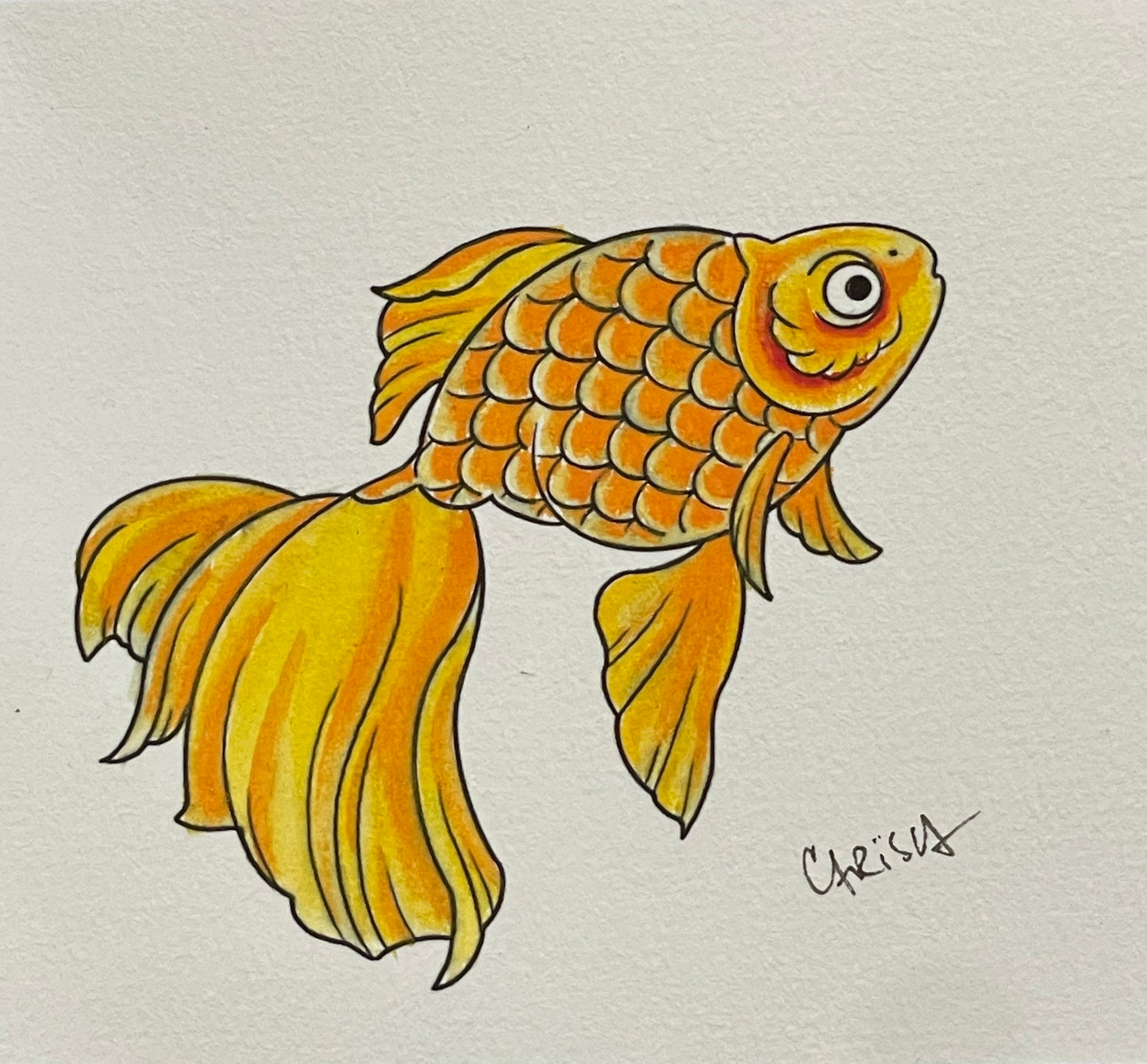 Fishy Fish - Orange and Yellow, 4 3/4 x 5.25 Mixed Media Painting on Watercolor Paper