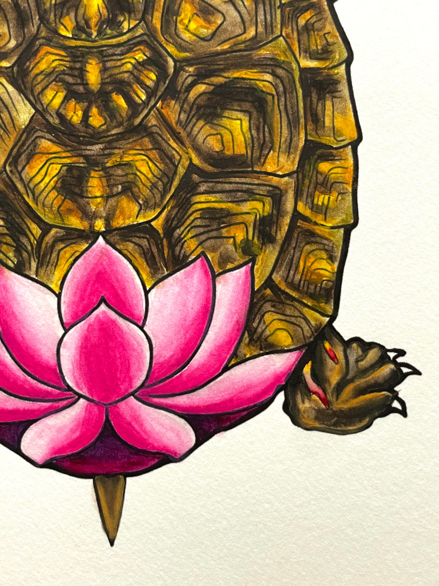 Kurma and Lotus Flower - 9x12 Mixed media with gold leaf on Paper