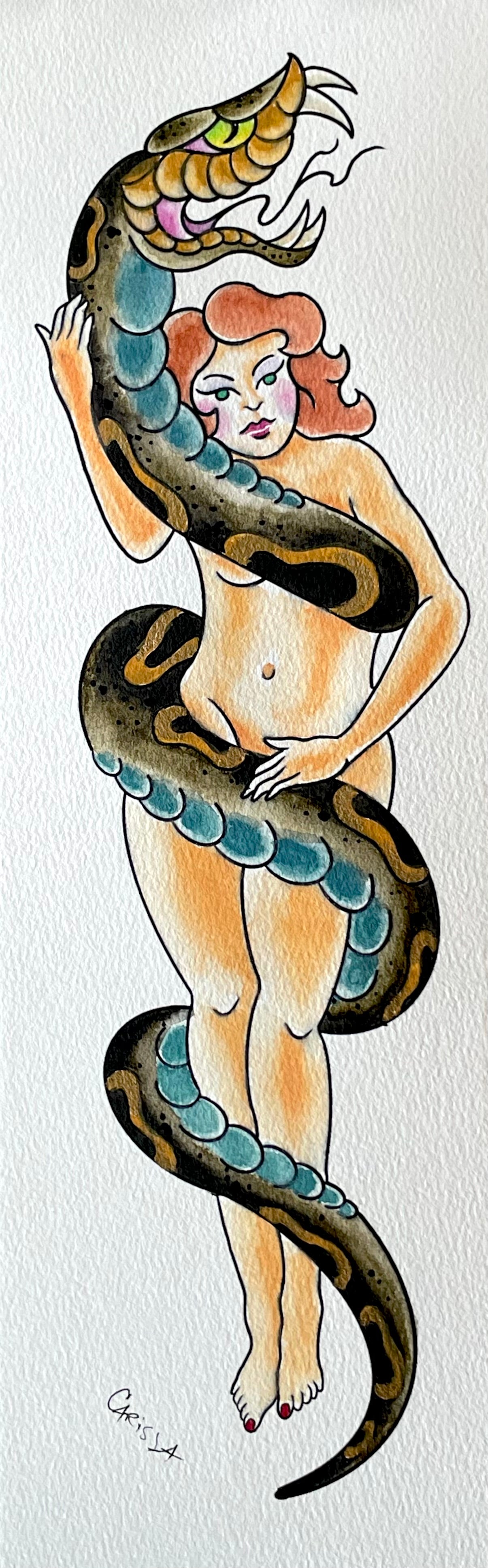 Girl and Snake 4.25 x 15 Mixed Media Painting on Watercolor Paper