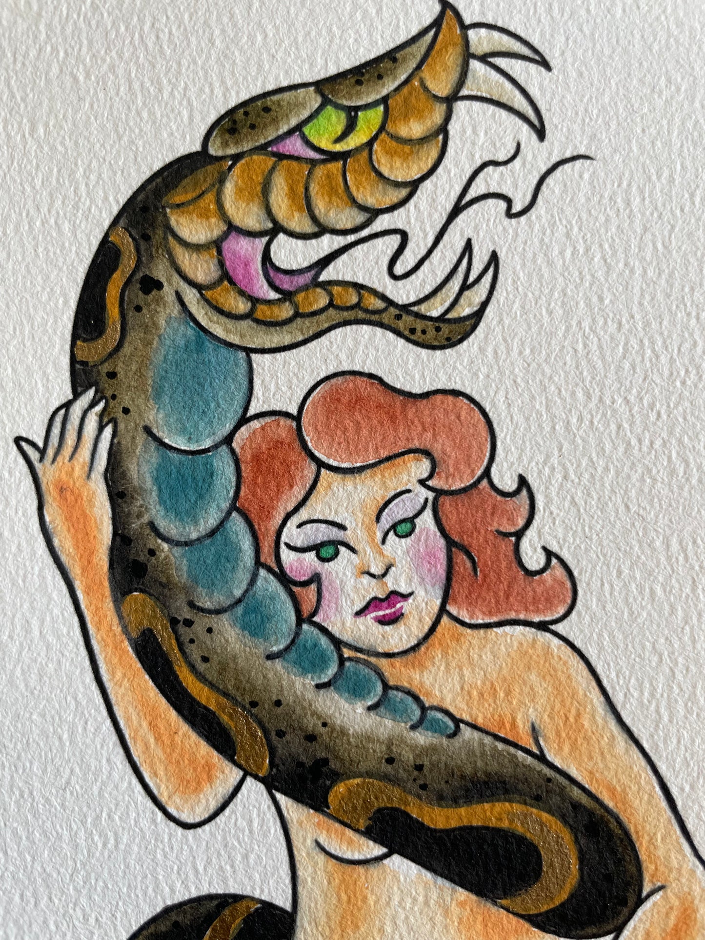 Girl and Snake 4.25 x 15 Mixed Media Painting on Watercolor Paper