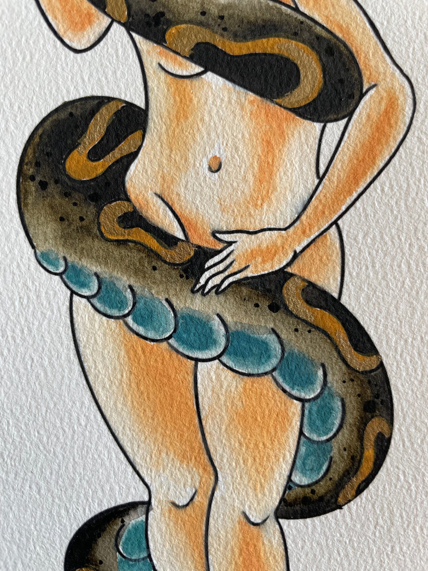 Girl and Snake 4.25 x 15 Mixed Media Painting on Watercolor Paper