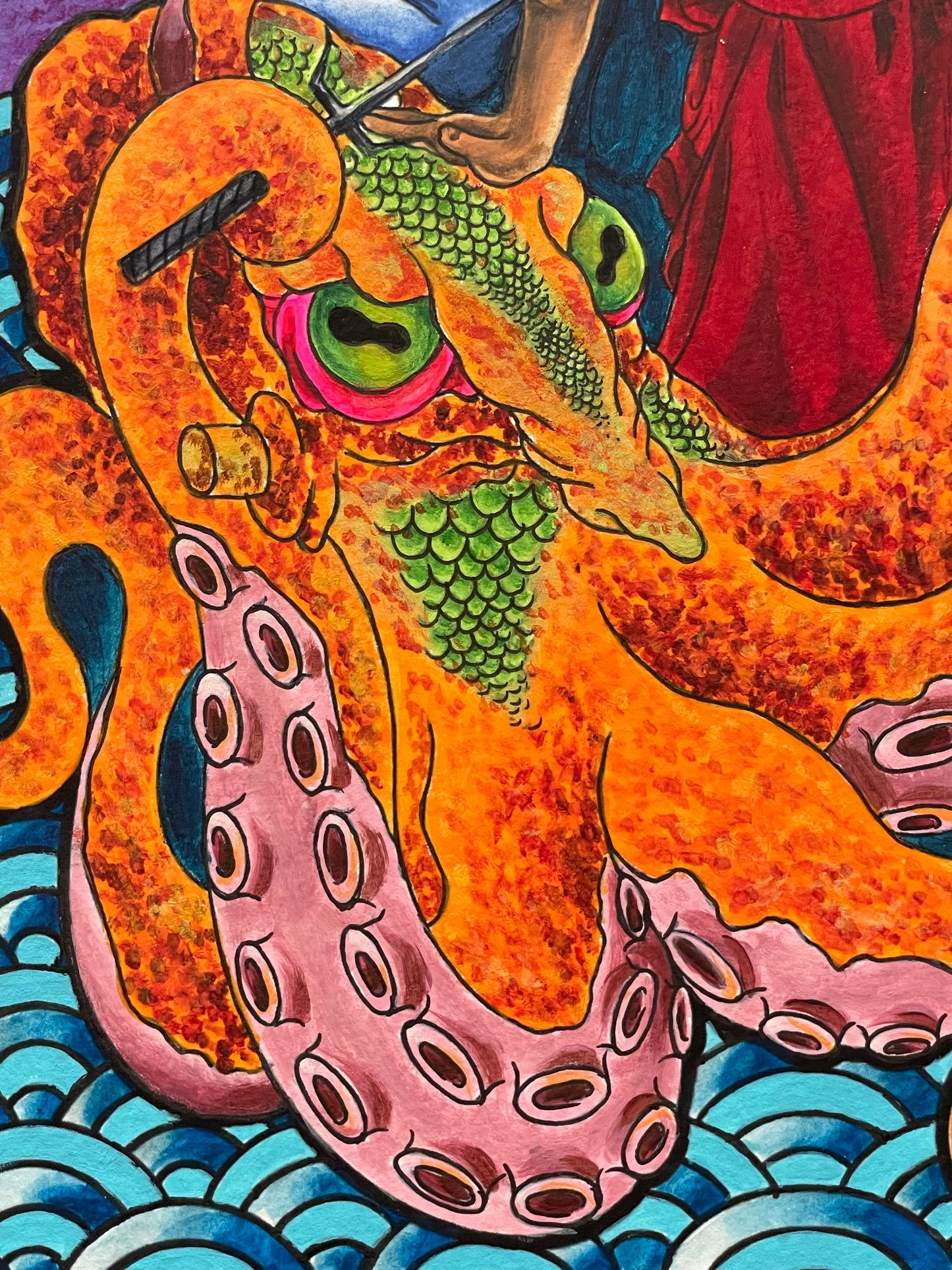 The Nio Guardian and the Octopus - 9x12 Mixed Media on Paper